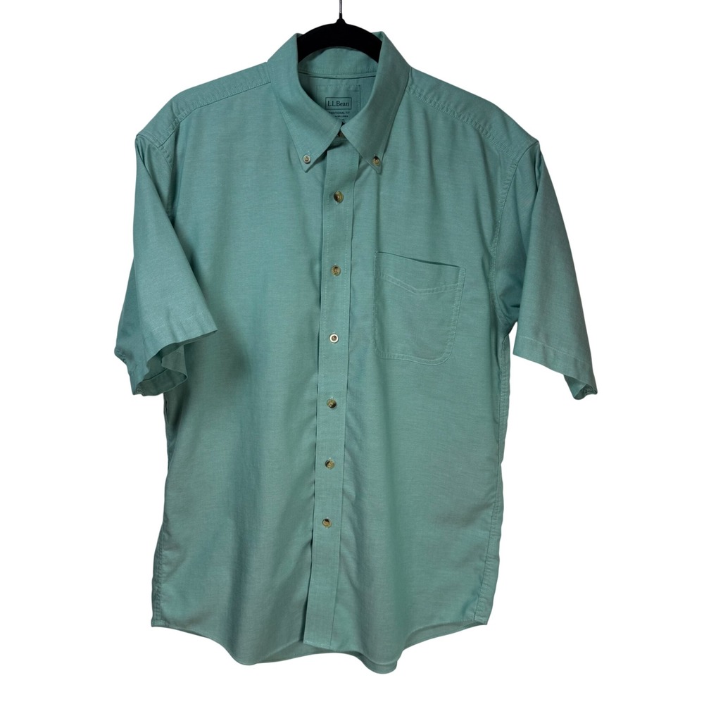 LL Bean Men 100% Cotton Trad Fit Green Short Sleeve Oxford Shirt M Reg‎ 248933